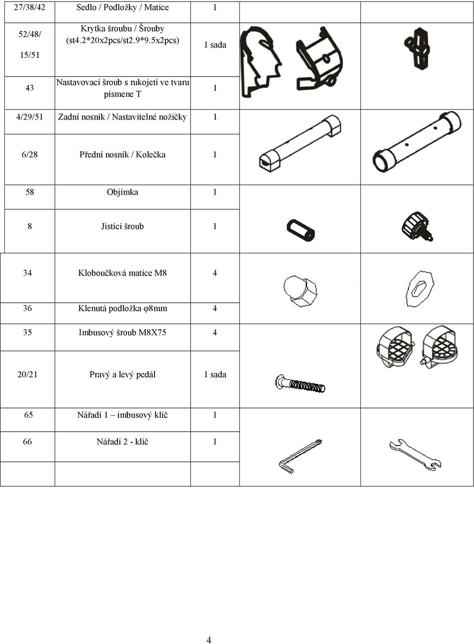 nožičky 6/28 Přední nosník / Kolečka 58 Objímka 8 Jistící šroub 34 Kloboučková matice M8 4 36 Klenutá