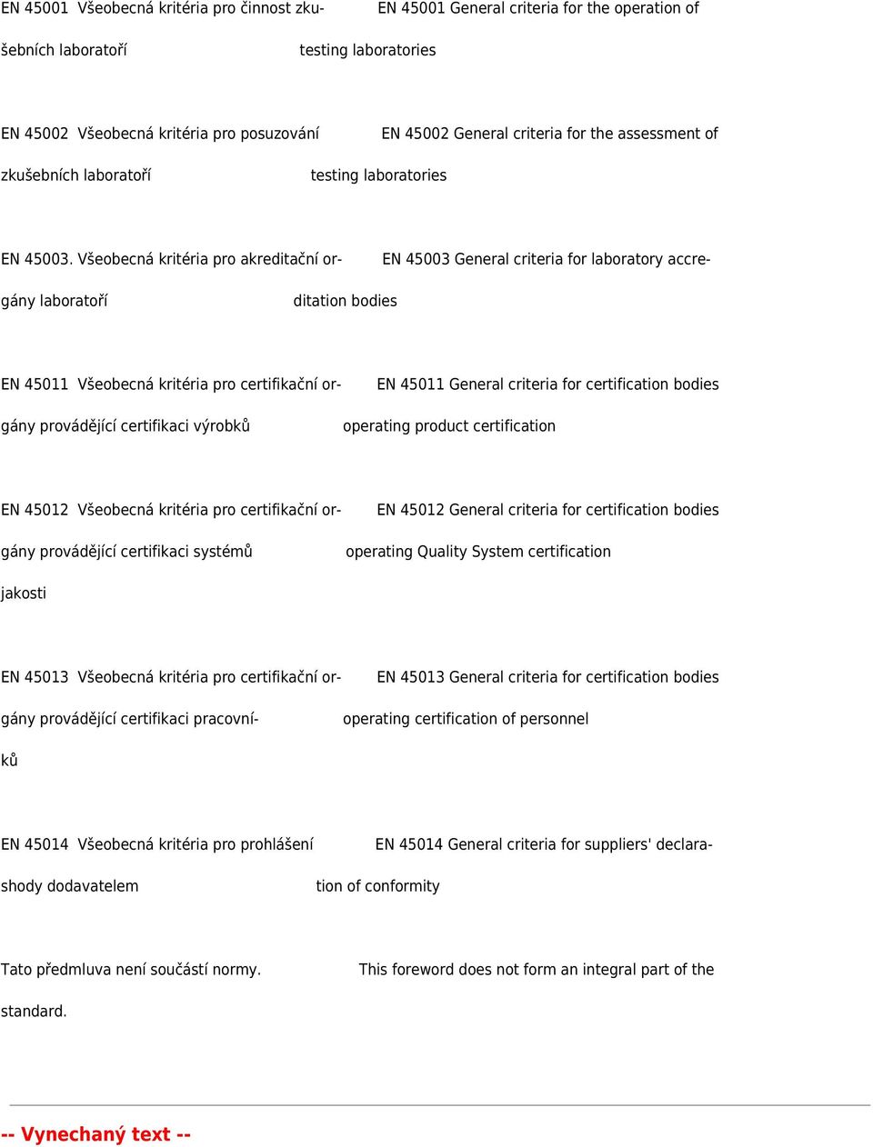 Všeobecná kritéria pro akreditační or- EN 45003 General criteria for laboratory accregány laboratoří ditation bodies EN 45011 Všeobecná kritéria pro certifikační or- gány provádějící certifikaci
