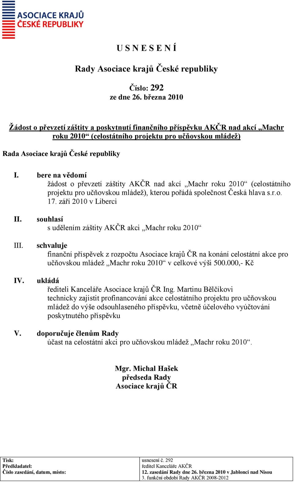 souhlasí s udělením záštity AKČR akci Machr roku 2010 schvaluje finanční příspěvek z rozpočtu na konání celostátní akce pro učňovskou mládež Machr roku 2010 v celkové výši 500.