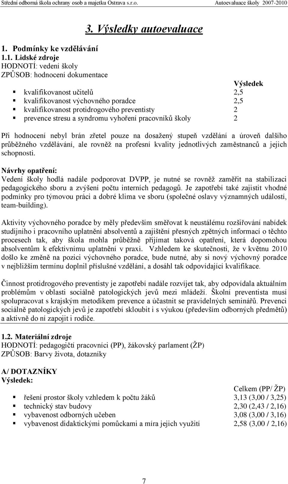 1. Lidské zdroje HODNOTÍ: vedení školy ZPŮSOB: hodnocení dokumentace Výsledek kvalifikovanost učitelů 2,5 kvalifikovanost výchovného poradce 2,5 kvalifikovanost protidrogového preventisty 2 prevence