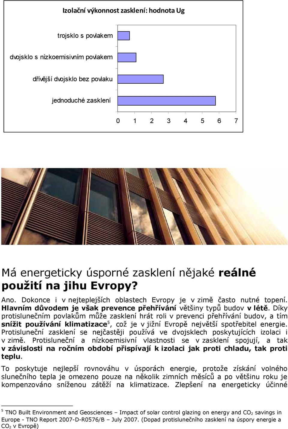 Díky protislunečním povlakům může zasklení hrát roli v prevenci přehřívání budov, a tím snížit používání klimatizace 5, což je v jižní Evropě největší spotřebitel energie.