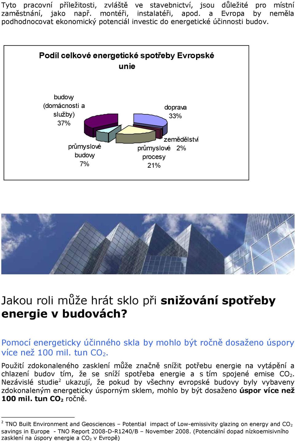 Podíl celkové energetické spotřeby Evropské unie budovy (domácnosti a služby) 37% průmyslové budovy 7% doprava 33% zemědělství průmyslové 2% procesy 21% Jakou roli může hrát sklo při snižování