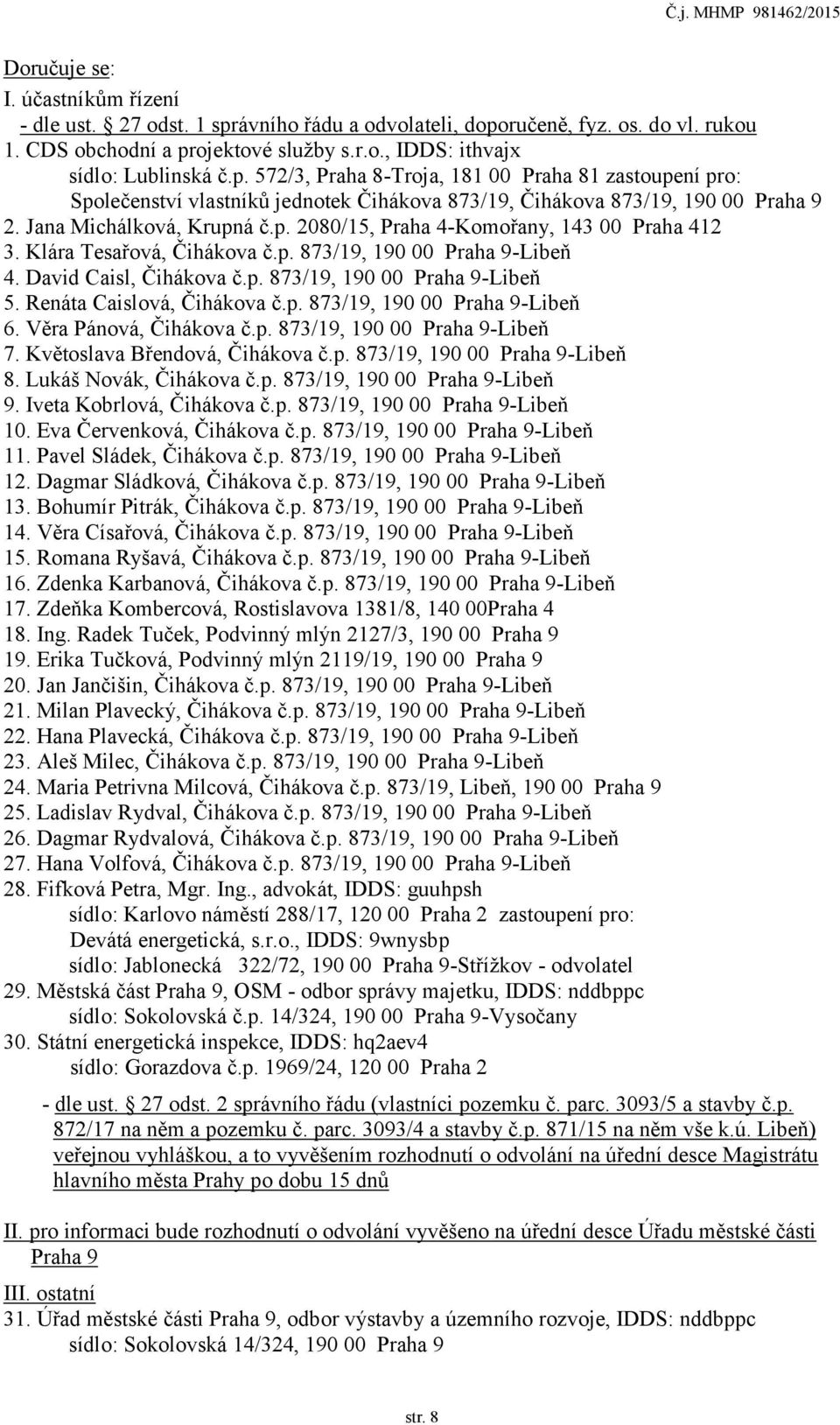 Renáta Caislová, Čihákova č.p. 873/19, 190 00 Praha 9-Libeň 6. Věra Pánová, Čihákova č.p. 873/19, 190 00 Praha 9-Libeň 7. Květoslava Břendová, Čihákova č.p. 873/19, 190 00 Praha 9-Libeň 8.