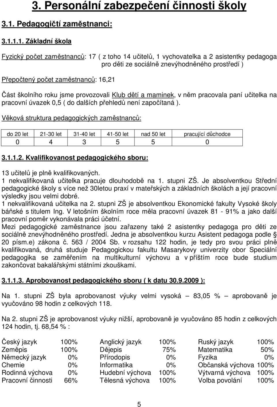 1.1. Základní škola Fyzický počet zaměstnanců: 17 ( z toho 14 učitelů, 1 vychovatelka a 2 asistentky pedagoga pro děti ze sociálně znevýhodněného prostředí ) Přepočtený počet zaměstnanců: 16,21 Část