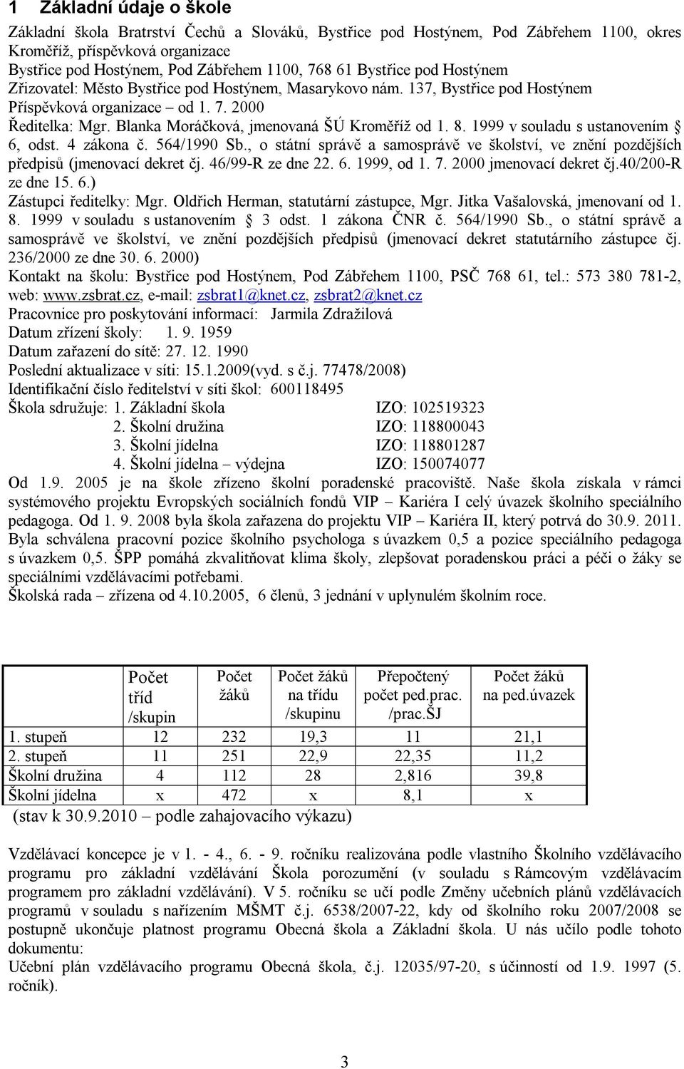 Blanka Moráčková, jmenovaná ŠÚ Kroměříž od 1. 8. 1999 v souladu s ustanovením 6, odst. 4 zákona č. 564/1990 Sb.