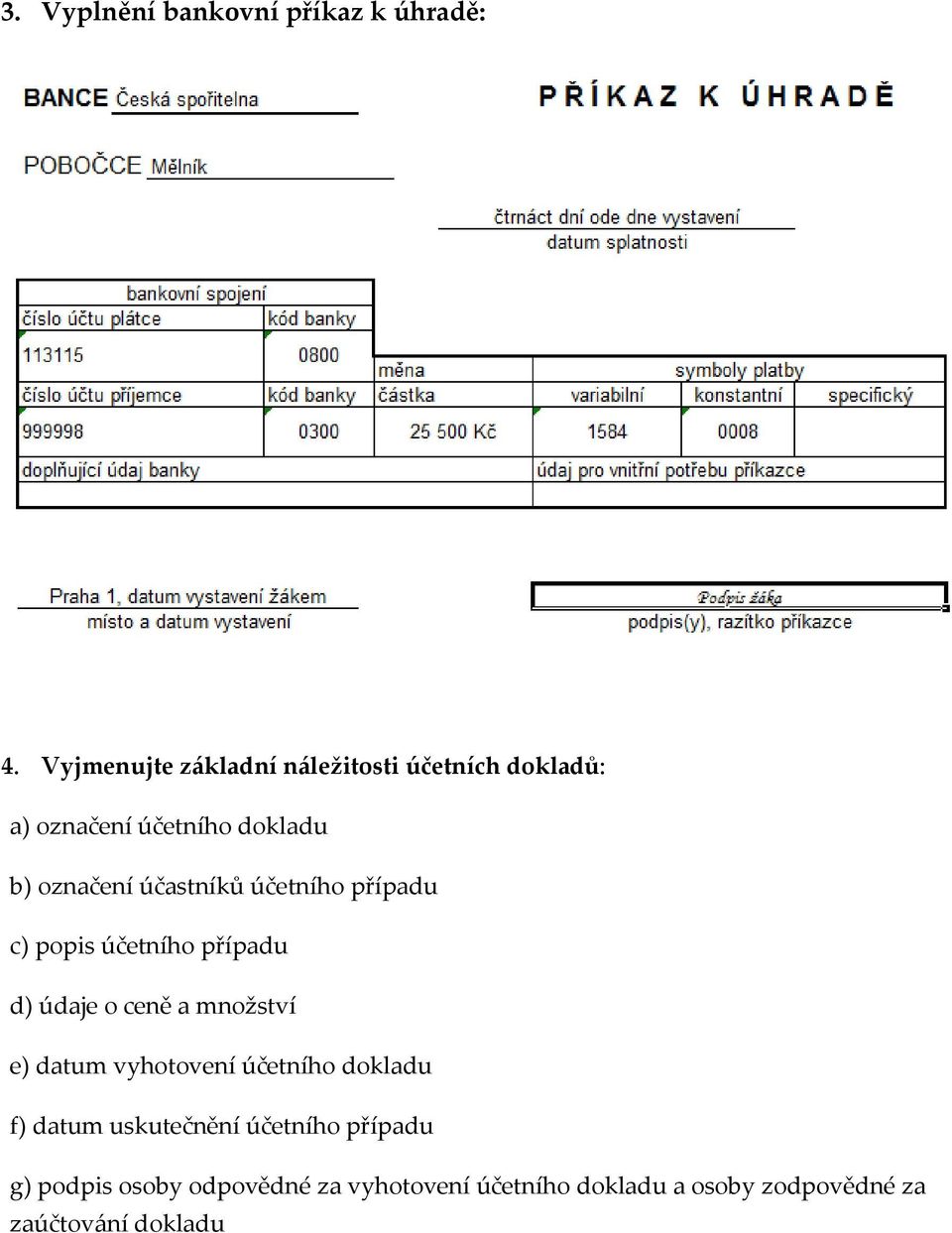 účastníků účetního případu c) popis účetního případu d) údaje o ceně a množství e) datum