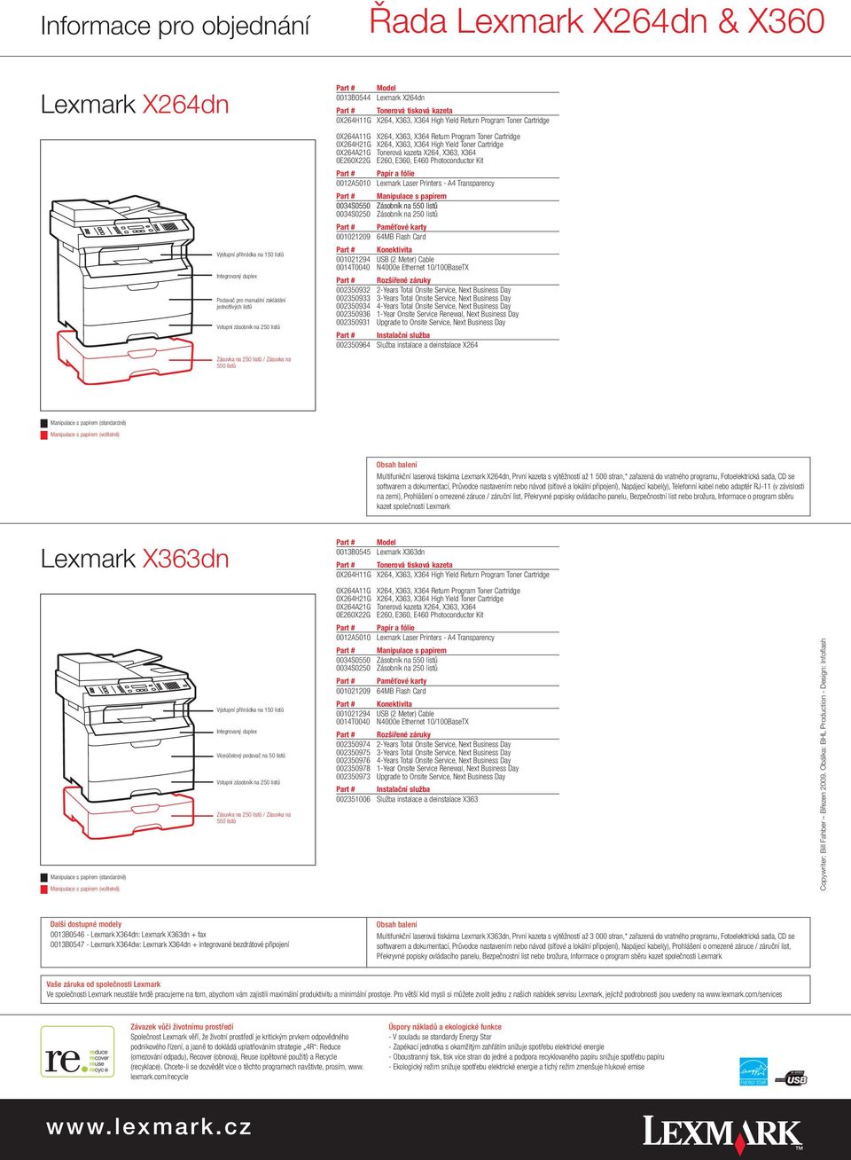 X363, X364 Return Program Toner Cartridge 0X264H21G X264, X363, X364 High Yield Toner Cartridge 0X264A21G Tonerová kazeta X264, X363, X364 0E260X22G E260, E360, E460 Photoconductor Kit Part # Papír a