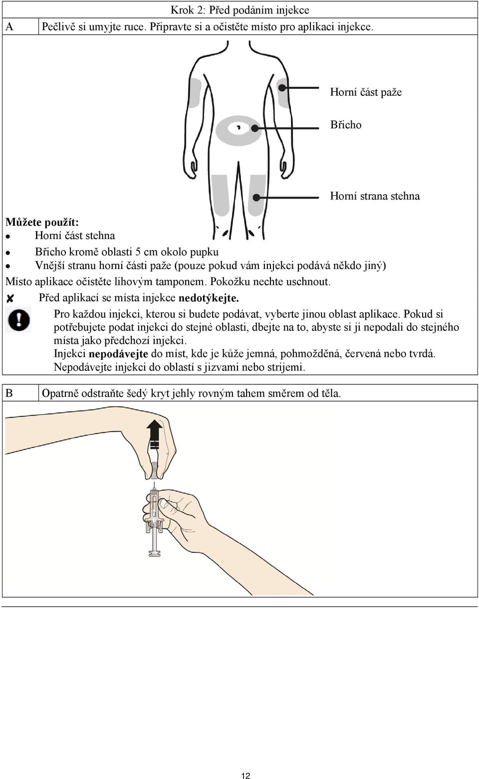 aplikace očistěte lihovým tamponem. Pokožku nechte uschnout. Před aplikací se místa injekce nedotýkejte. Pro každou injekci, kterou si budete podávat, vyberte jinou oblast aplikace.