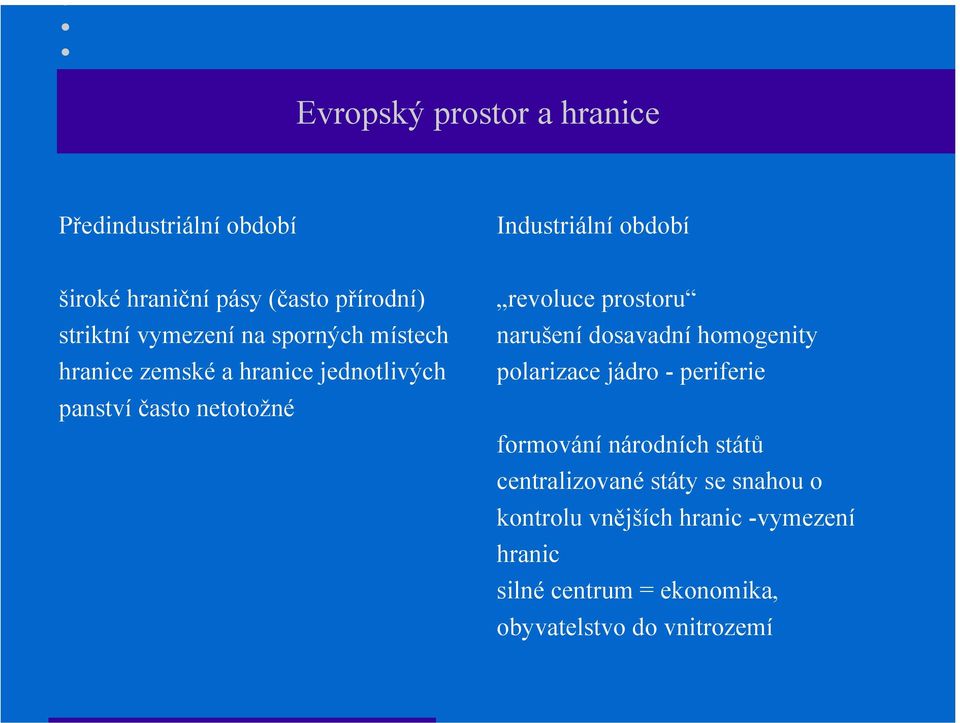 prostoru narušení dosavadní homogenity polarizace jádro - periferie formování národních států centralizované