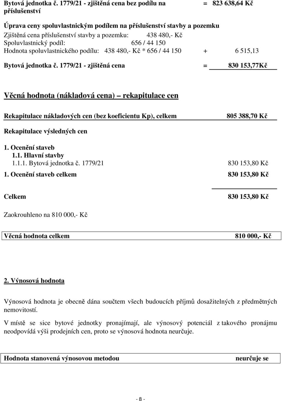 Spoluvlastnický podíl: 656 / 44 150 Hodnota spoluvlastnického podílu: 438 480,- Kč * 656 / 44 150 + 6 515,13  1779/21 - zjištěná cena = 830 153,77Kč Věcná hodnota (nákladová cena) rekapitulace cen