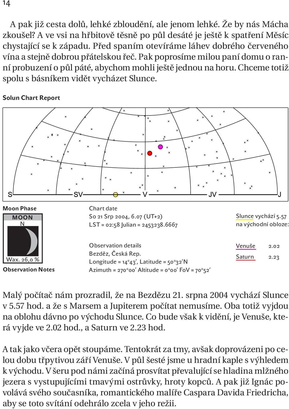 Chceme totiž spolu s básníkem vidět vycházet Slunce. Solun Chart Report Moon Phase MOON N Chart date So 21 Srp 2004, 6.07 (UT+2) LST = 02:58 Julian = 2453238.6667 Slunce vychází 5.