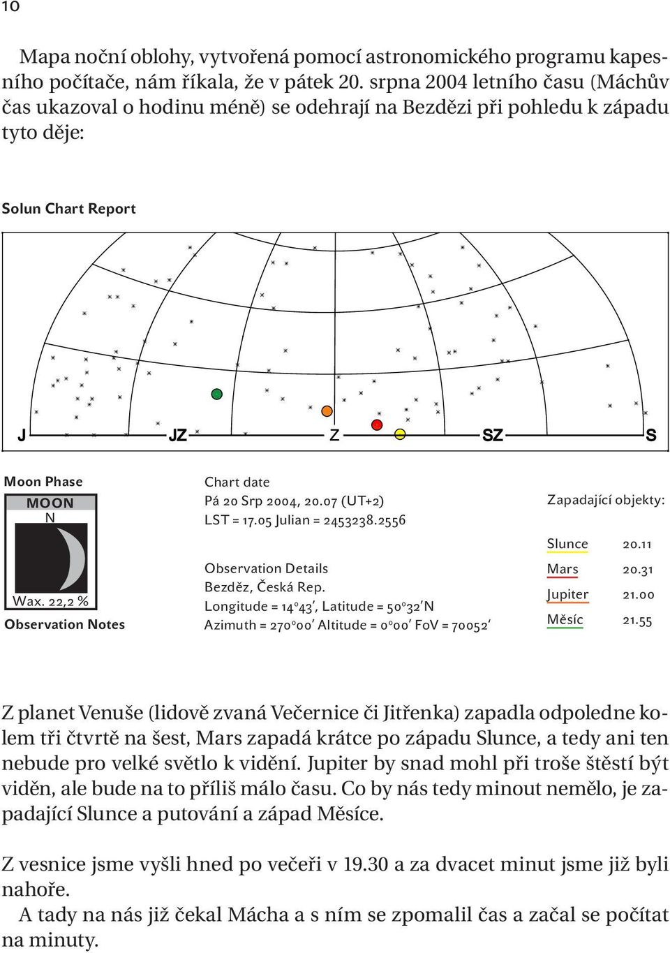 22,2 % Observation Notes Chart date Pá 20 Srp 2004, 20.07 (UT+2) LST = 17.05 Julian = 2453238.2556 Observation Details Bezděz, Česká Rep.