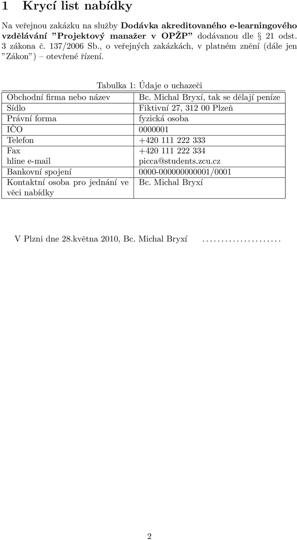 Michal Bryxí, tak se dělají peníze Sídlo Fiktivní 27, 312 00 Plzeň Právní forma fyzická osoba IČO 0000001 Telefon +420 111 222 333 Fax +420 111 222 334 hline e-mail