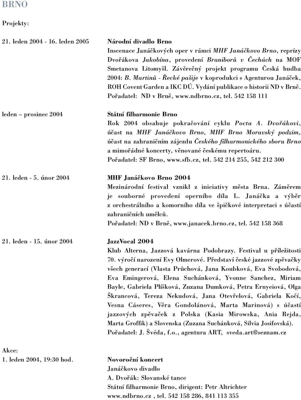 Závěrečný projekt programu Česká hudba 2004: B. Martinů - Řecké pašije v koprodukci s Agenturou Janáček, ROH Covent Garden a IKC DÚ. Vydání publikace o historii ND v Brně. Pořadatel: ND v Brně, www.