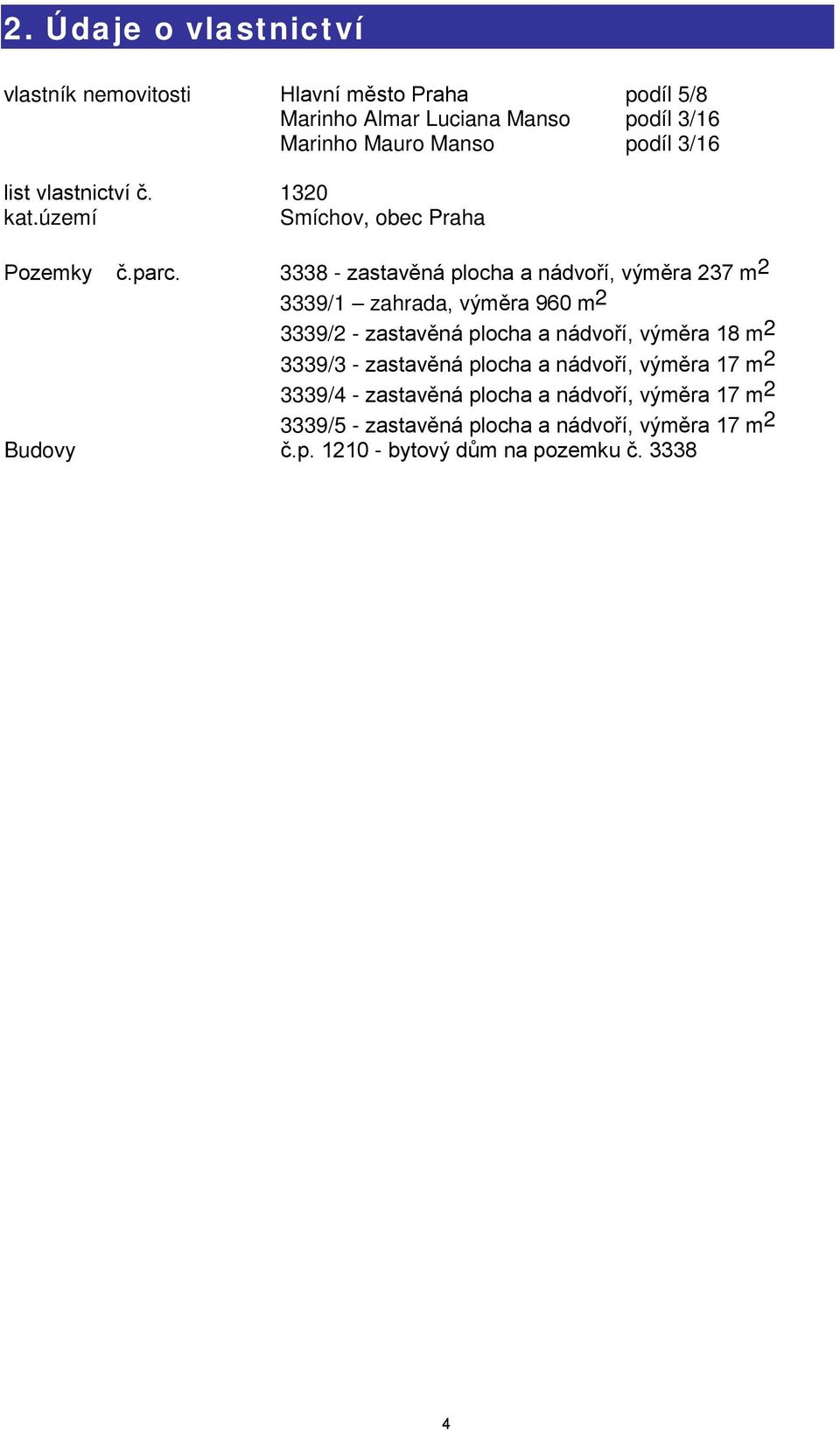 3338 - zastavěná plocha a nádvoří, výměra 237 m 2 3339/1 zahrada, výměra 960 m 2 3339/2 - zastavěná plocha a nádvoří, výměra 18 m 2