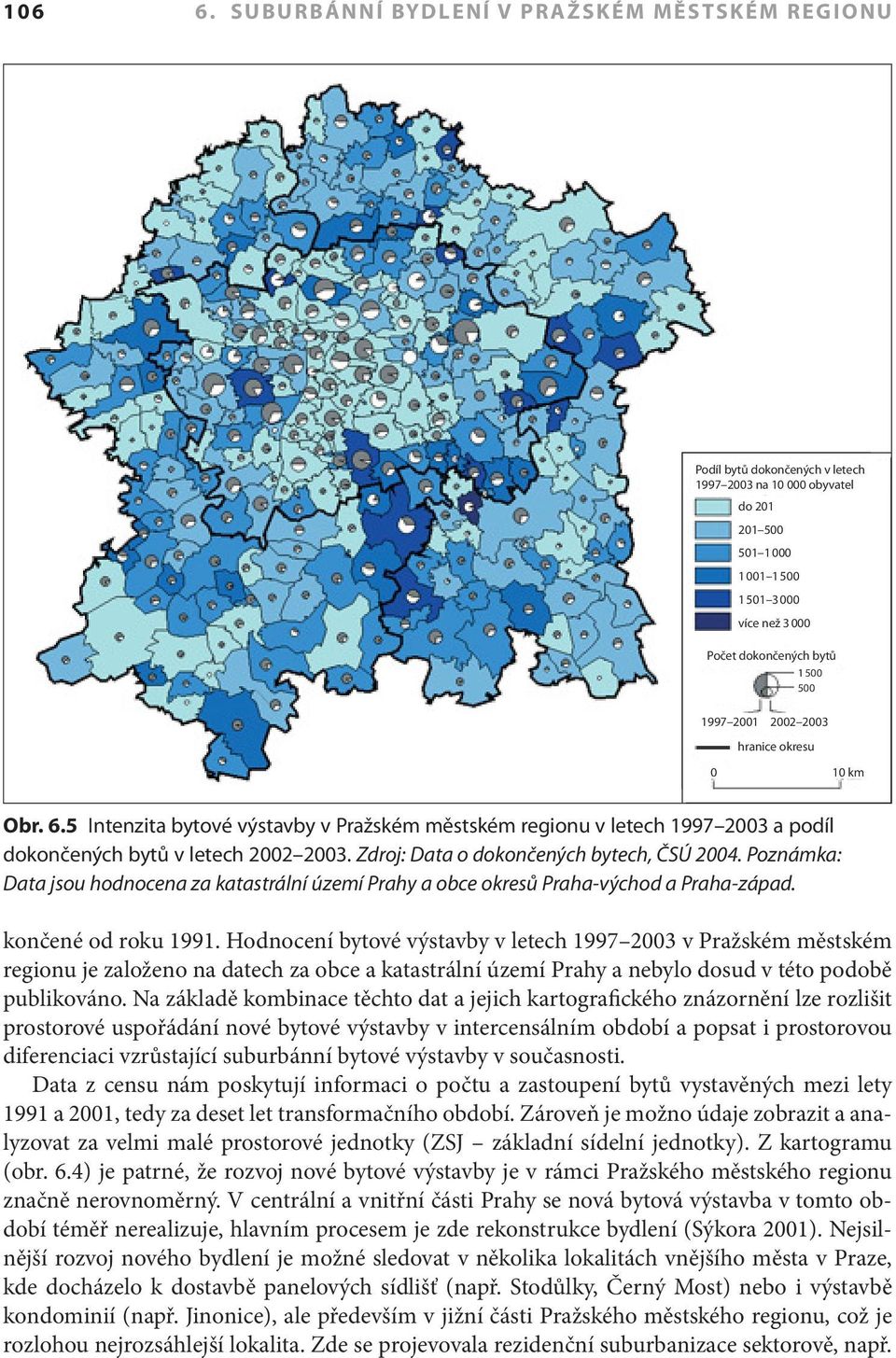 500 500 1997 2001 2002 2003 hranice okresu 0 10 km Obr. 6.5 Intenzita bytové výstavby v Pražském městském regionu v letech 1997 2003 a podíl dokončených bytů v letech 2002 2003.