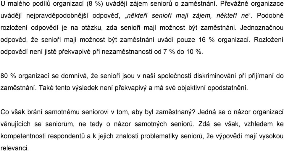 Rozložení odpovědí není jistě překvapivé při nezaměstnanosti od 7 % do 0 %. 0 % organizací se domnívá, že senioři jsou v naší společnosti diskriminováni při přijímaní do zaměstnání.