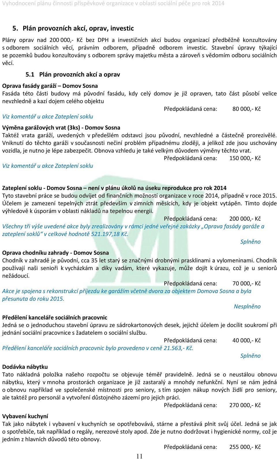 Plán provozních akcí a oprav Oprava fasády garáží Domov Sosna Fasáda této části budovy má původní fasádu, kdy celý domov je již opraven, tato část působí velice nevzhledně a kazí dojem celého objektu