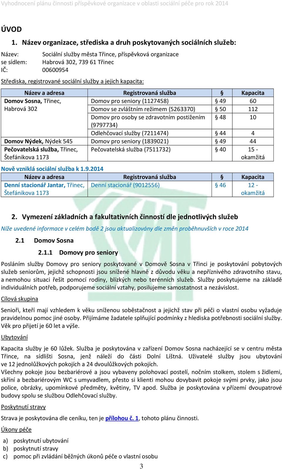 Domov pro osoby se zdravotním postižením 48 0 (9797734) Odlehčovací služby (72474) 44 4 Domov Nýdek, Nýdek 545 Domov pro seniory (83902) 49 44 Pečovatelská služba, Třinec, Štefánikova 73 Pečovatelská