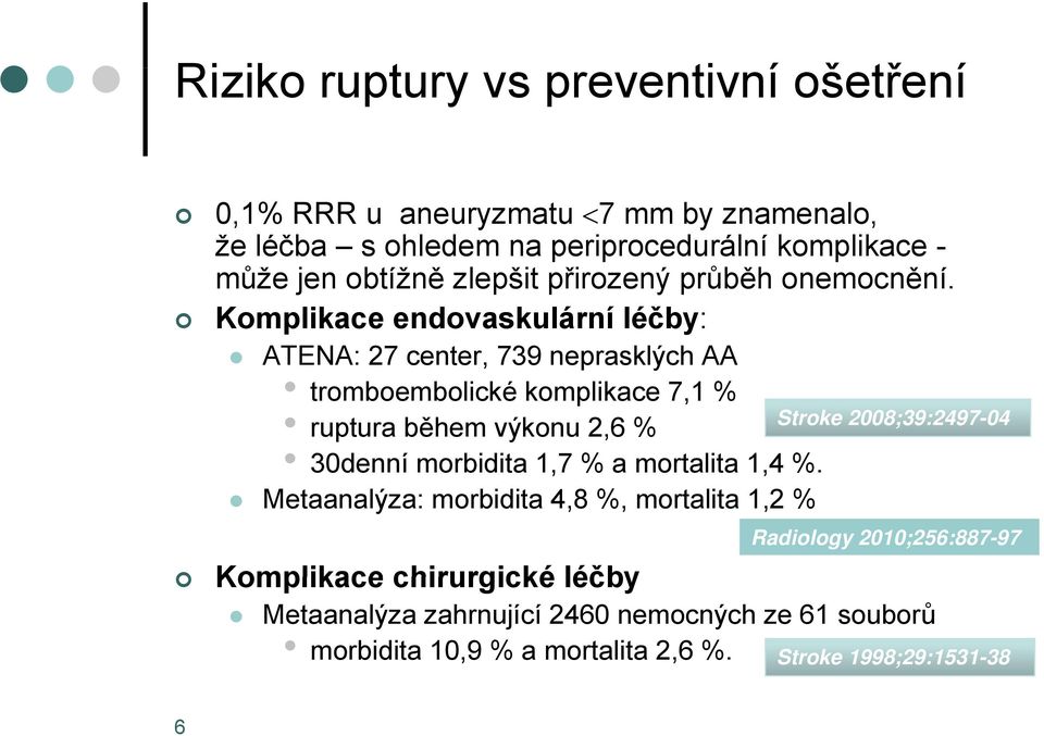 ě Komplikace endovaskulární léčby: ATENA: 27 center, 739 neprasklých AA tromboembolické komplikace 7,1 % ruptura během výkonu 2,6 % 30denní morbidita