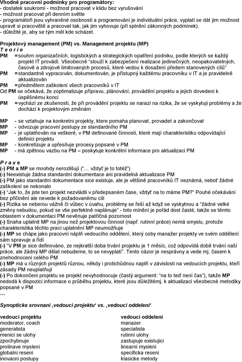 Projektový management (PM) vs. Management projektu (MP) T e o r i e PM = souhrn organizačních, logistických a strategických opatření podniku, podle kterých se každý projekt IT provádí.