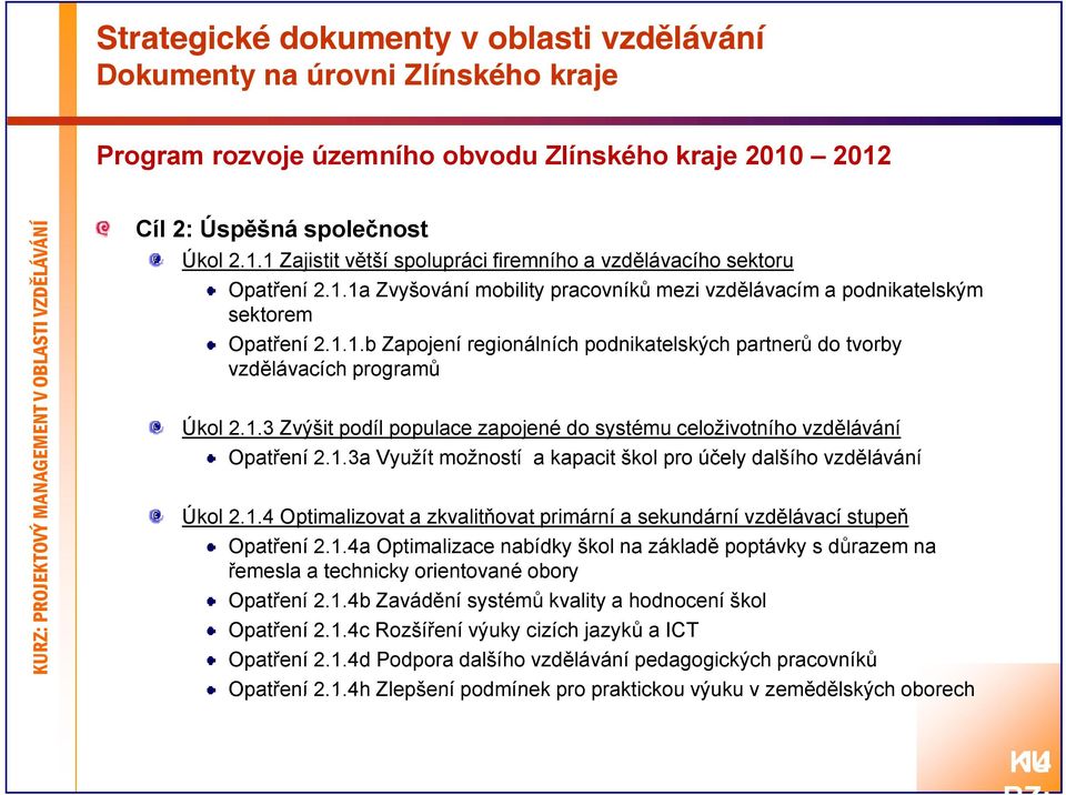 1.1.b Zapojení regionálních podnikatelských partnerů do tvorby vzdělávacích programů Úkol 2.1.3 Zvýšit podíl populace zapojené do systému celoživotního vzdělávání Opatření 2.1.3a Využít možností a kapacit škol pro účely dalšího vzdělávání Úkol 2.