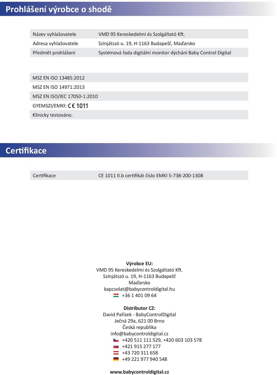 Certifikace Certifikace CE 1011 II.b certifikát číslo EMKI 5-738-200-1308 Výrobce EU: VMD 95 Kereskedelmi és Szolgáltató Kft. Színjátszó u.