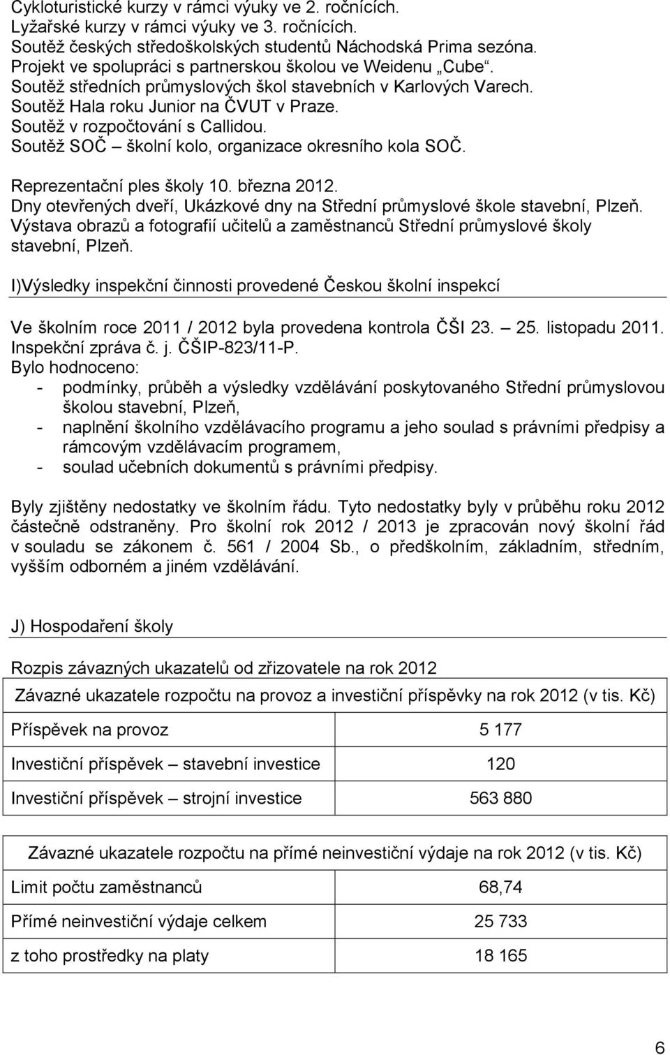 Soutěž SOČ školní kolo, organizace okresního kola SOČ. Reprezentační ples školy 10. března 2012. Dny otevřených dveří, Ukázkové dny na Střední průmyslové škole stavební, Plzeň.