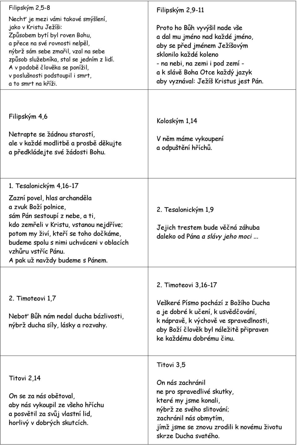 Filipským 2,9-11 Proto ho Bůh vyvýšil nade vše a dal mu jméno nad každé jméno, aby se před jménem Ježíšovým sklonilo každé koleno - na nebi, na zemi i pod zemí - a k slávě Boha Otce každý jazyk aby