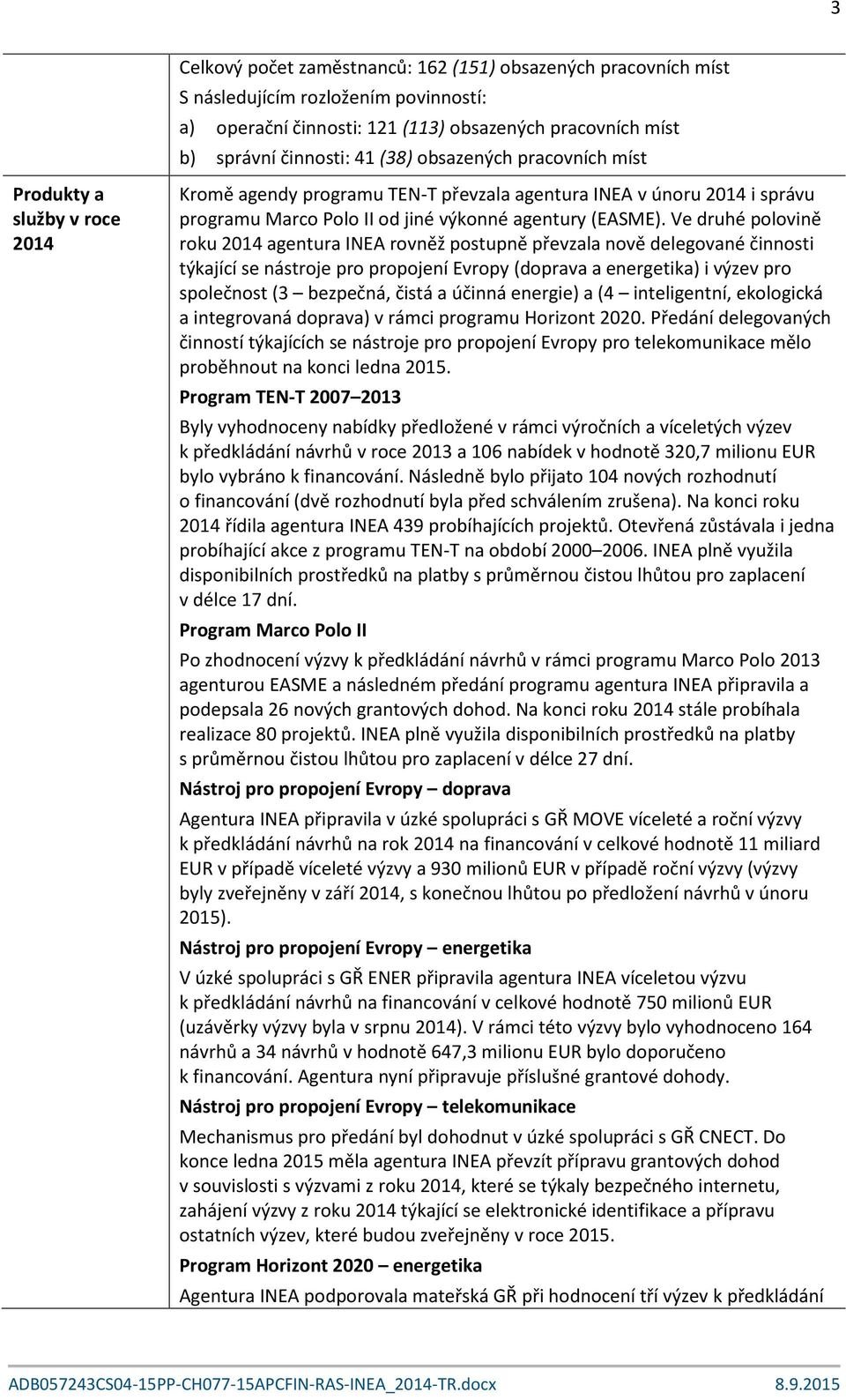 Ve druhé polovině roku 2014 agentura INEA rovněž postupně převzala nově delegované činnosti týkající se nástroje pro propojení Evropy (doprava a energetika) i výzev pro společnost (3 bezpečná, čistá