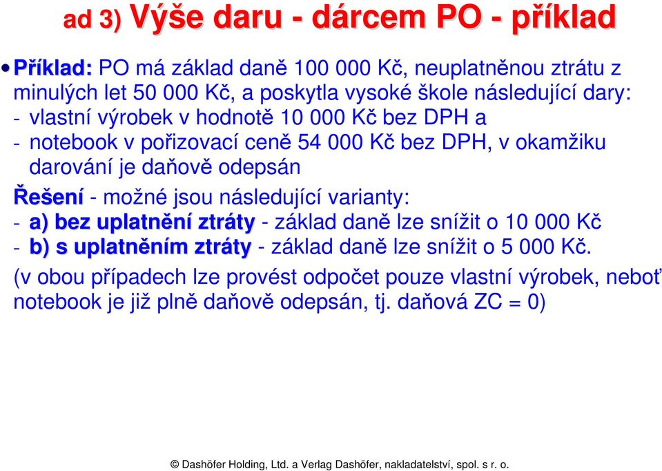 odepsán Řešení - možné jsou následující varianty: - a) bez uplatnění ztráty - základ daně lze snížit o 10 000 Kč - b) s uplatněním ztráty - základ