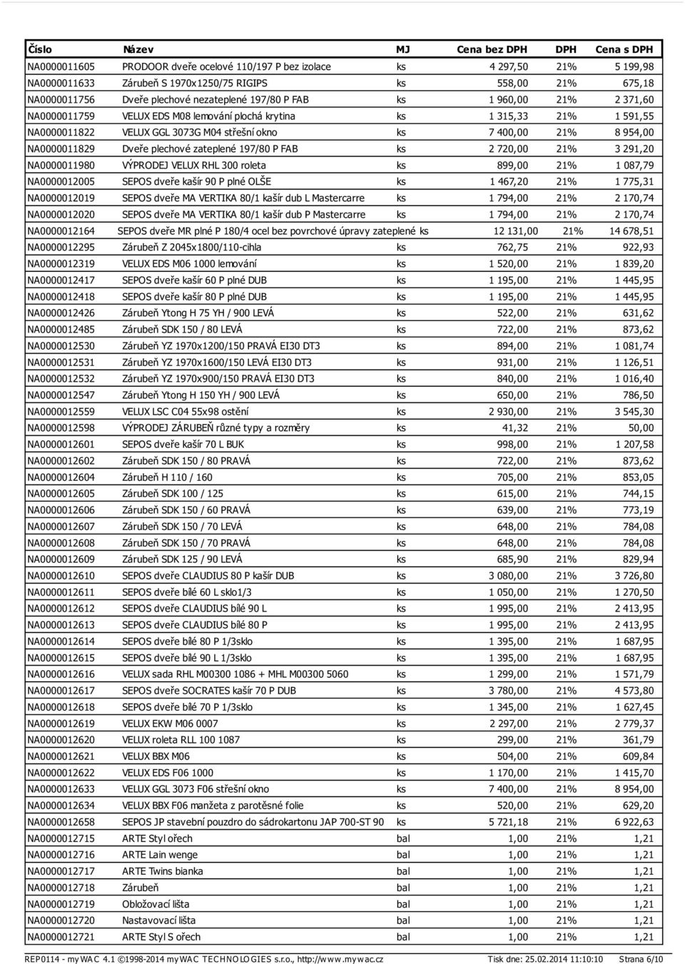 zateplené 197/80 P FAB ks 2 720,00 21% 3 291,20 NA0000011980 VÝPRODEJ VELUX RHL 300 roleta ks 899,00 21% 1 087,79 NA0000012005 SEPOS dveře kašír 90 P plné OLŠE ks 1 467,20 21% 1 775,31 NA0000012019