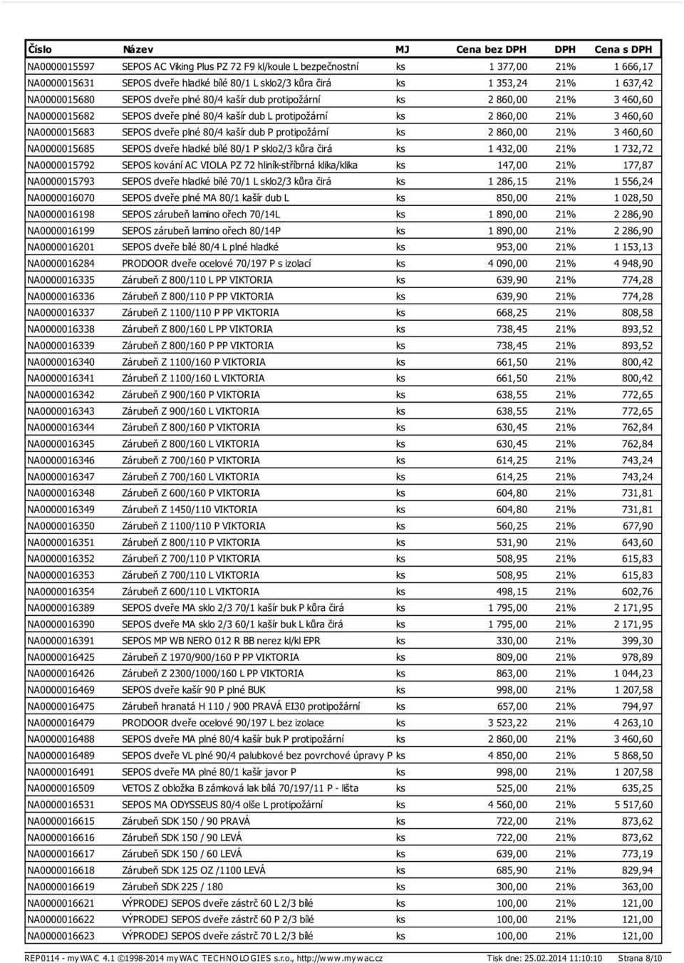 protipožární ks 2 860,00 21% 3 460,60 NA0000015685 SEPOS dveře hladké bílé 80/1 P sklo2/3 kůra čirá ks 1 432,00 21% 1 732,72 NA0000015792 SEPOS kování AC VIOLA PZ 72 hliník-stříbrná klika/klika ks