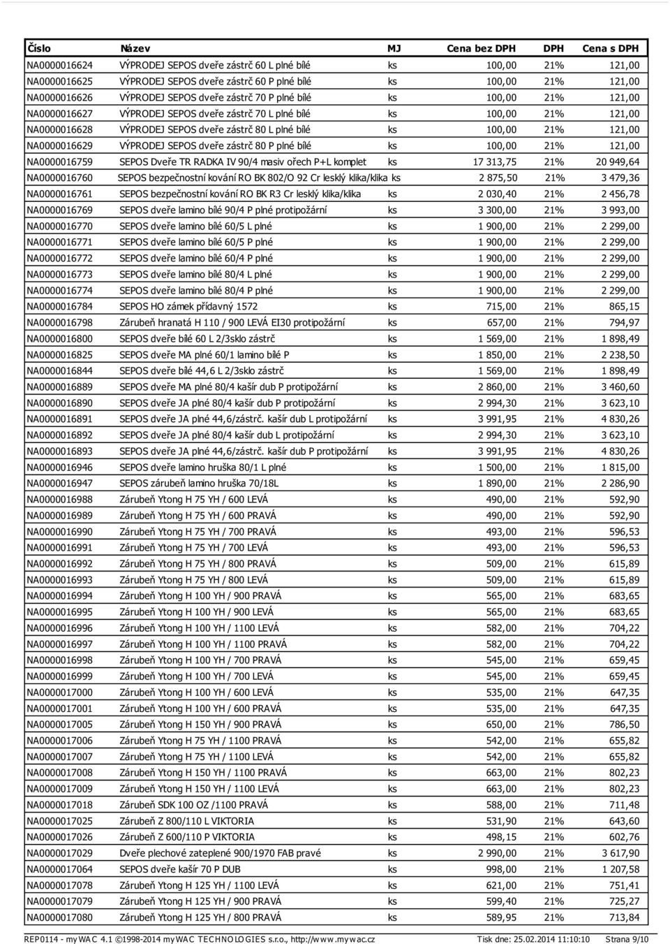 VÝPRODEJ SEPOS dveře zástrč 80 P plné bílé ks 100,00 21% 121,00 NA0000016759 SEPOS Dveře TR RADKA IV 90/4 masiv ořech P+L komplet ks 17 313,75 21% 20 949,64 NA0000016760 SEPOS bezpečnostní kování RO