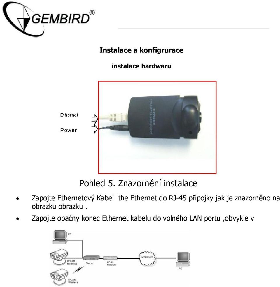 Znazornění instalace Zapojte Ethernetový Kabel the Ethernet do