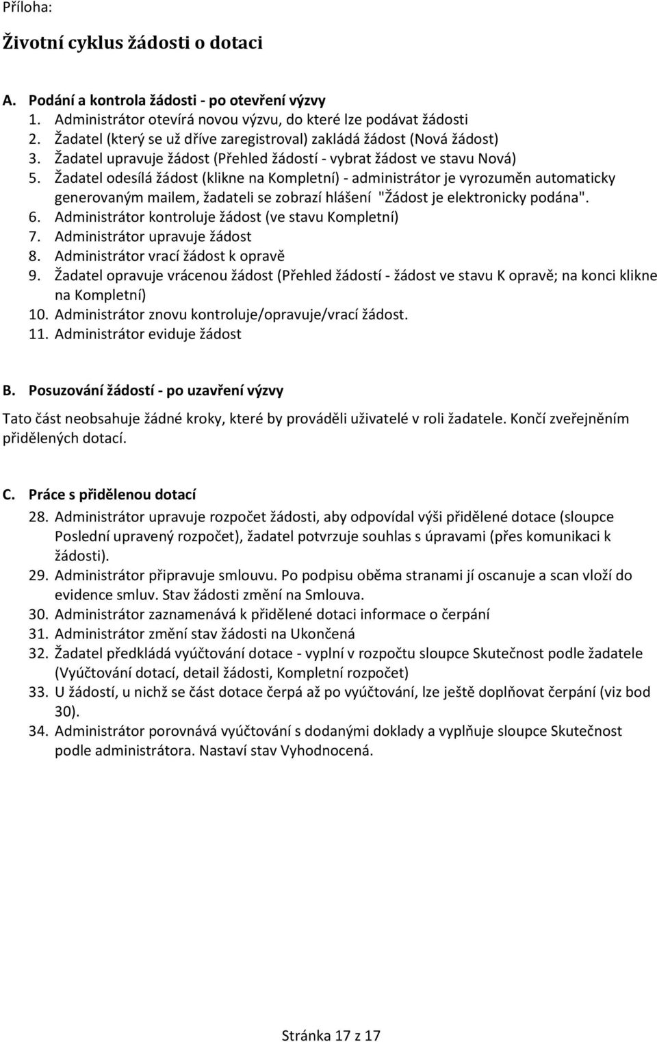 Žadatel odesílá žádost (klikne na Kompletní) - administrátor je vyrozuměn automaticky generovaným mailem, žadateli se zobrazí hlášení "Žádost je elektronicky podána". 6.