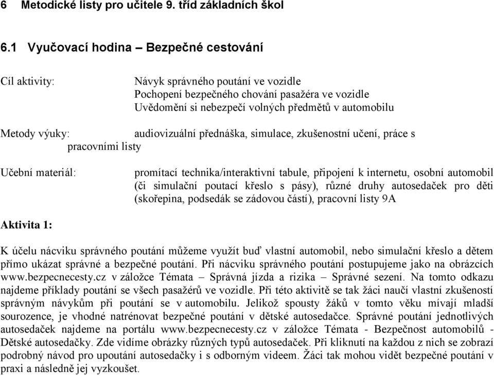 výuky: audiovizuální přednáška, simulace, zkušenostní učení, práce s pracovními listy Učební materiál: promítací technika/interaktivní tabule, připojení k internetu, osobní automobil (či simulační