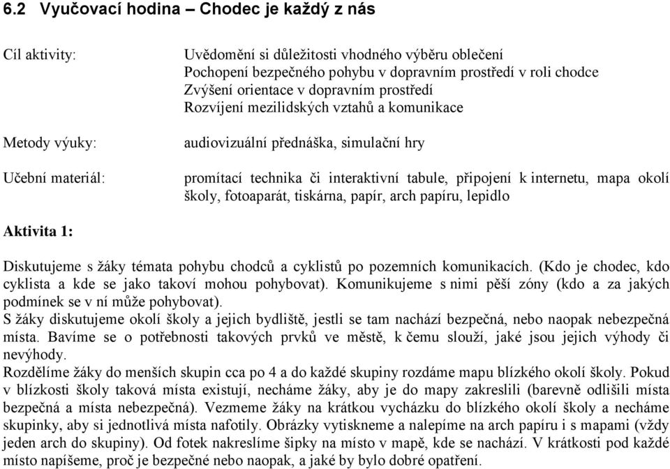 okolí školy, fotoaparát, tiskárna, papír, arch papíru, lepidlo Aktivita 1: Diskutujeme s žáky témata pohybu chodců a cyklistů po pozemních komunikacích.