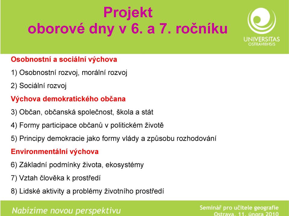 demokratického občana 3) Občan, občanská společnost, škola a stát 4) Formy participace občanů v politickém životě