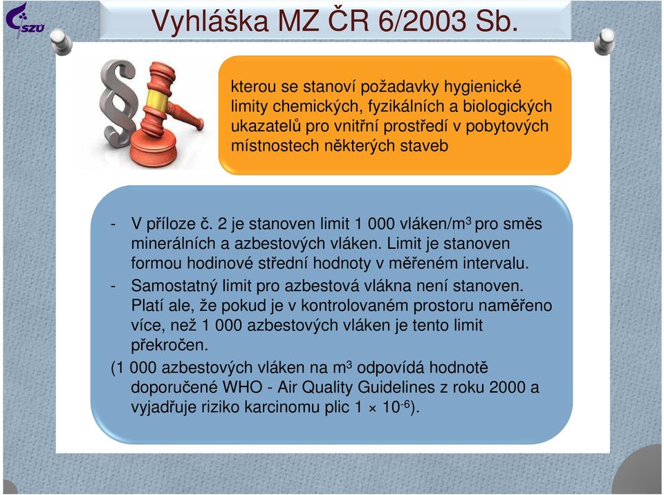 příloze č. 2 je stanoven limit 1 000 vláken/m 3 pro směs minerálních a azbestových vláken. Limit je stanoven formou hodinové střední hodnoty v měřeném intervalu.