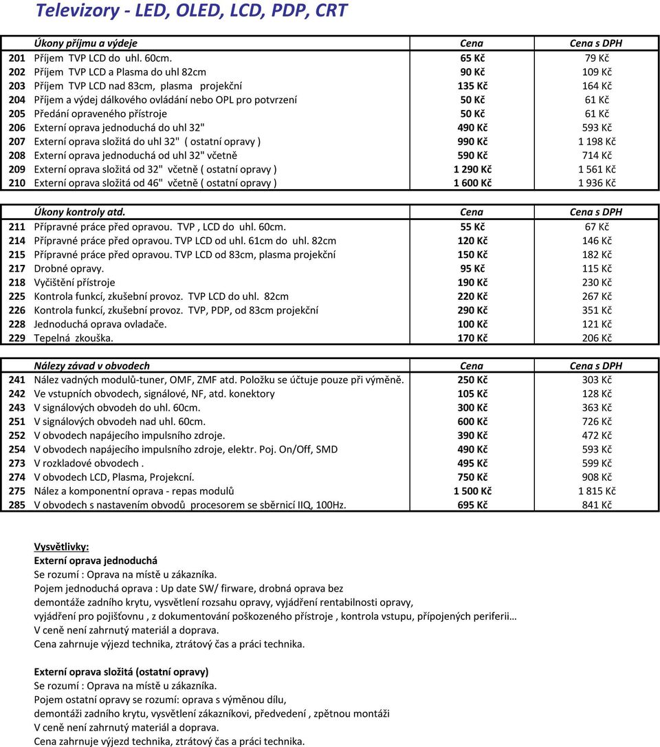 205 Předání opraveného přístroje 50 Kč 61 Kč 206 Externí oprava jednoduchá do uhl 32" 490 Kč 593 Kč 207 Externí oprava složitá do uhl 32" ( ostatní opravy ) 990 Kč 1 198 Kč 208 Externí oprava