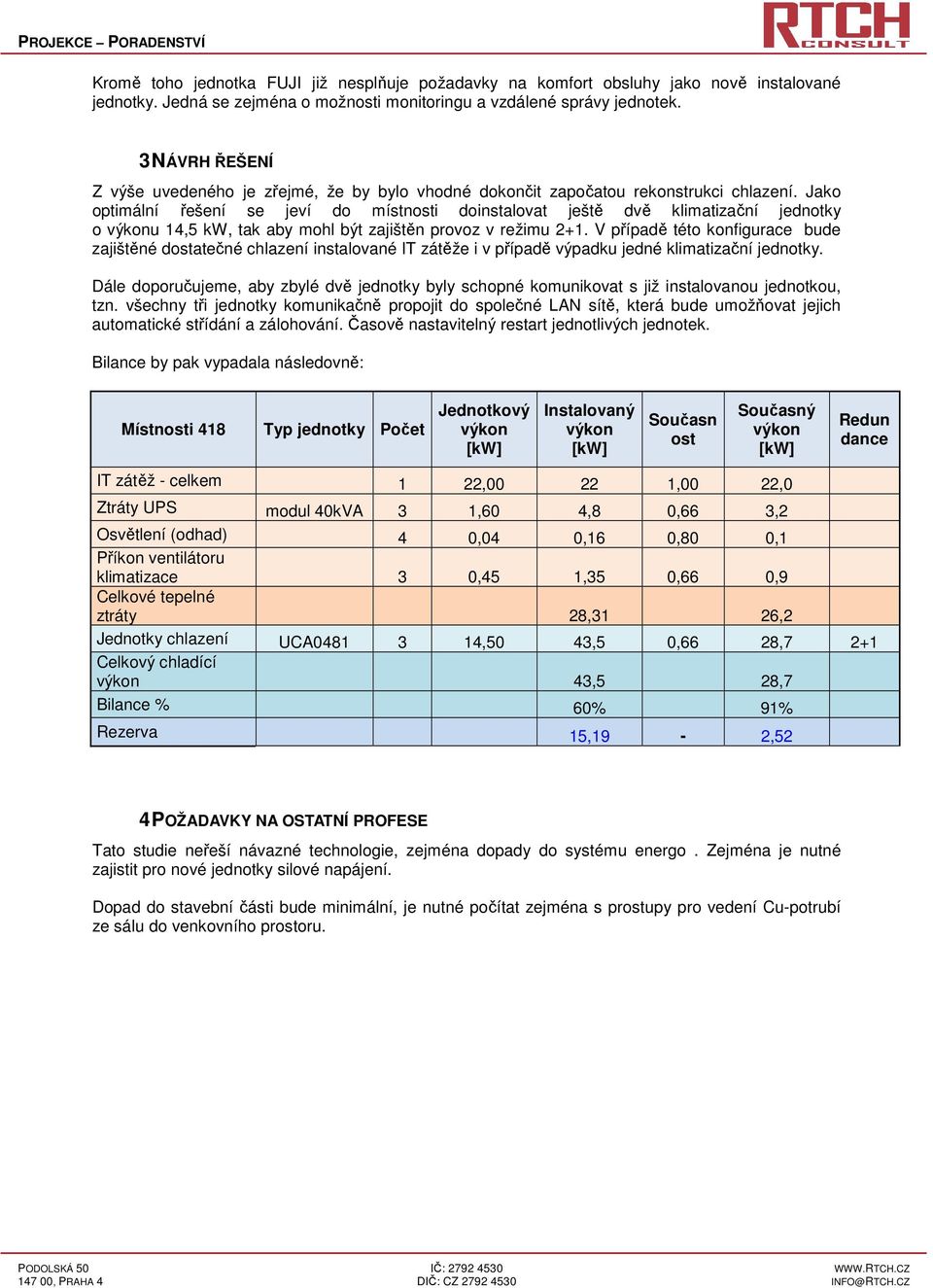 Jako optimální řešení se jeví do místnosti doinstalovat ještě dvě klimatizační jednotky o výkonu 14,5 kw, tak aby mohl být zajištěn provoz v režimu 2+1.