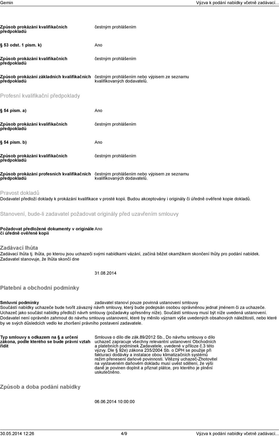 Profesní kvalifikační předpoklady 54 písm. a) Ano Způsob prokázání kvalifikačních předpokladů čestným prohlášením 54 písm.