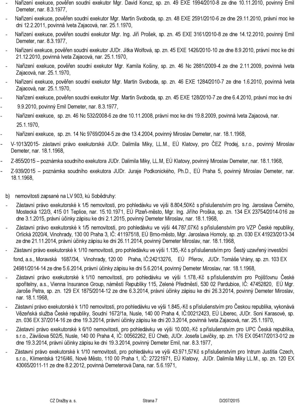 Jitka Wolfová, sp. zn. 45 EXE 1426/2010-10 ze dne 8.9.2010, právní moc ke dni 21.12.2010, povinná Iveta Zajacová, nar. 25.1.1970, - Nařízení exekuce, pověřen soudní exekutor Mgr. Kamila Košiny, sp.