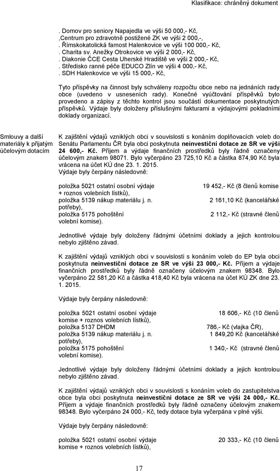 SDH Halenkovice ve výši 15 000,- Kč, Tyto příspěvky na činnost byly schváleny rozpočtu obce nebo na jednáních rady obce (uvedeno v usneseních rady).