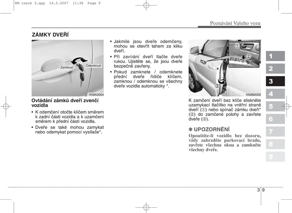 vozidla. Dveře se také mohou zamykat nebo odemykat pomocí vysílače*. Jakmile jsou dveře odemčeny, mohou se otevřít tahem za kliku dveří. Při zavírání dveří tlačte dveře rukou.