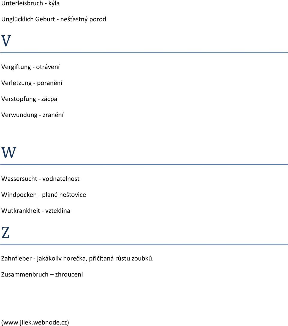 vodnatelnost Windpocken - plané neštovice Wutkrankheit - vzteklina Z Zahnfieber -