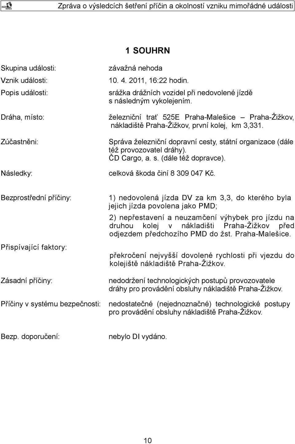 Správa železniční dopravní cesty, státní organizace (dále též provozovatel dráhy). ČD Cargo, a. s. (dále též dopravce). celková škoda činí 8 309 047 Kč.