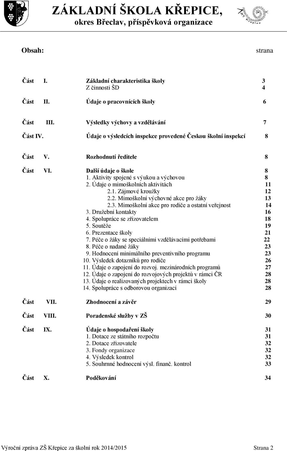 Údaje o mimoškolních aktivitách 11 2.1. Zájmové kroužky 12 2.2. Mimoškolní výchovné akce pro žáky 13 2.3. Mimoškolní akce pro rodiče a ostatní veřejnost 14 3. Družební kontakty 16 4.