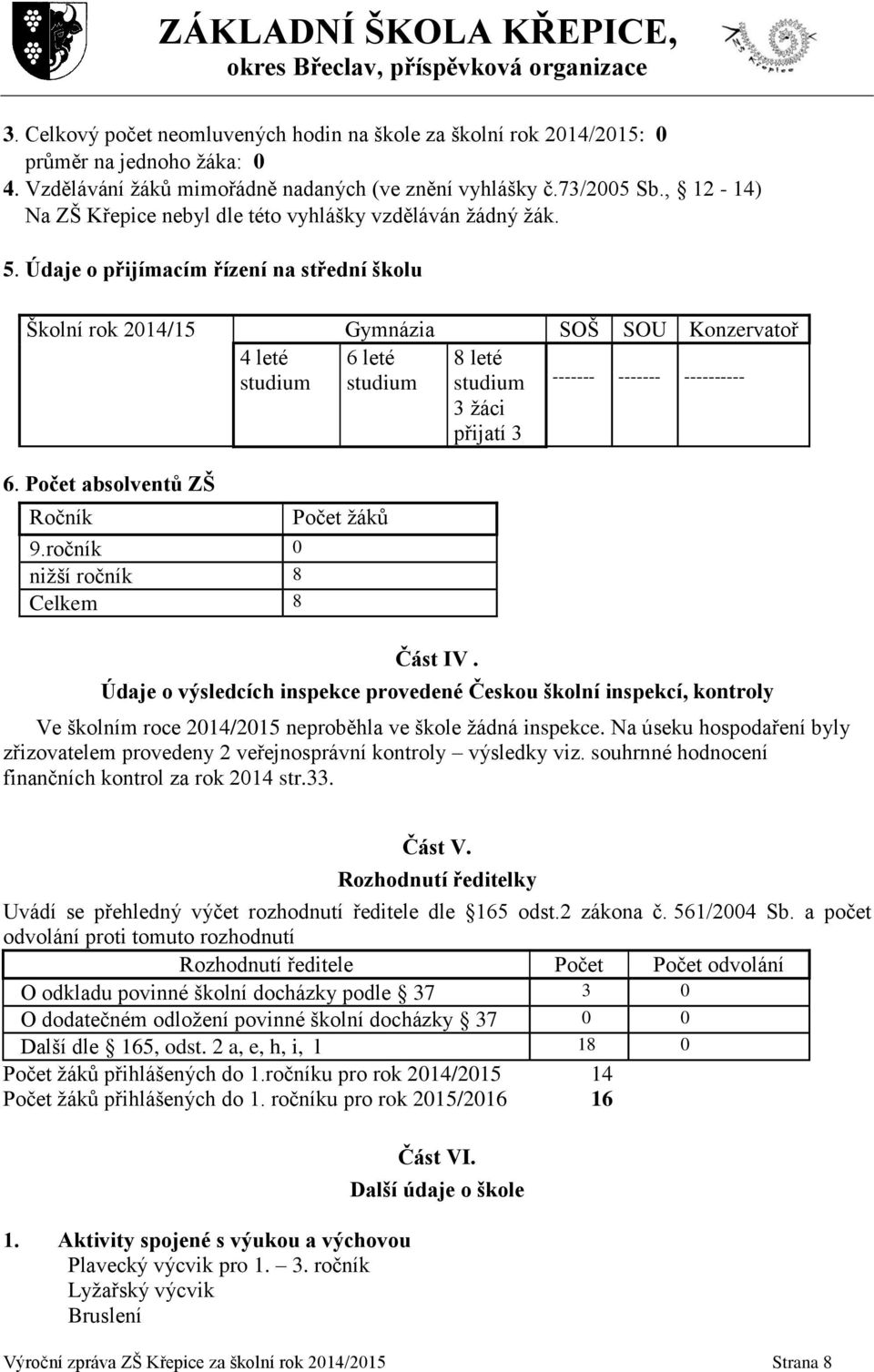 Údaje o přijímacím řízení na střední školu Školní rok 2014/15 Gymnázia SOŠ SOU Konzervatoř 3 žáci přijatí 3 4 leté 6 leté 8 leté studium studium studium ------- ------- ---------- 6.